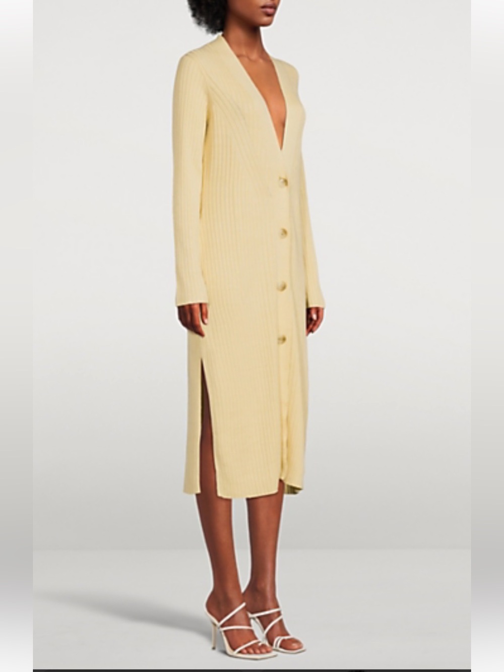 Loulou Studio Pale Yellow Ribbed Button-Front Midi Cardigan Dress Small